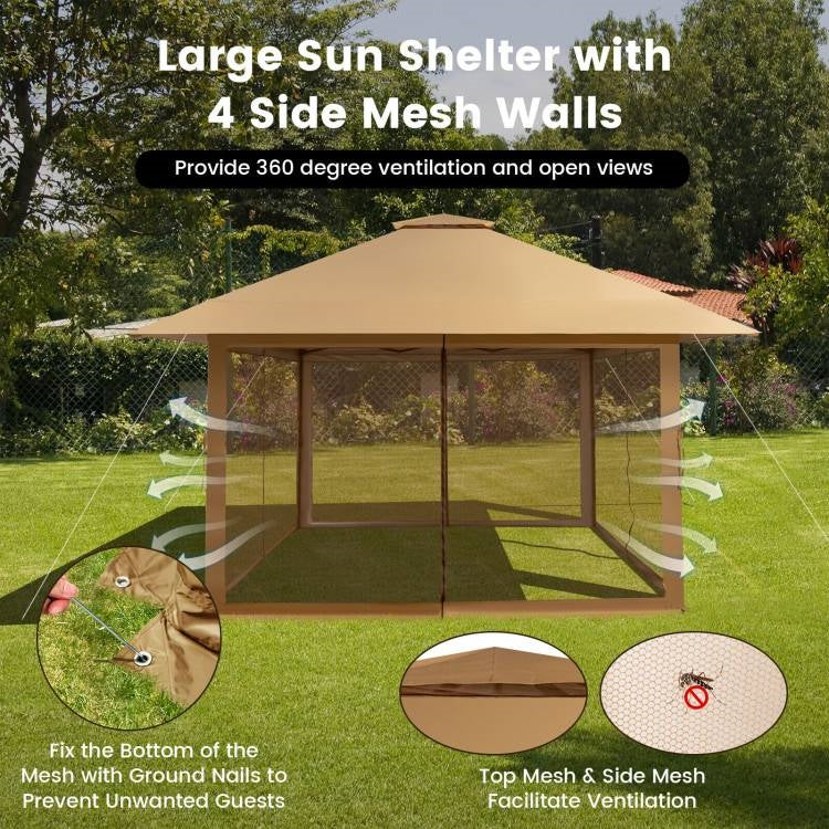 Brown 13 x 13 Ft Pop-Up Gazebo Outdoor Canopy w/ Mesh Mosquito Netting Sidewalls, ideal for ventilation and protection.