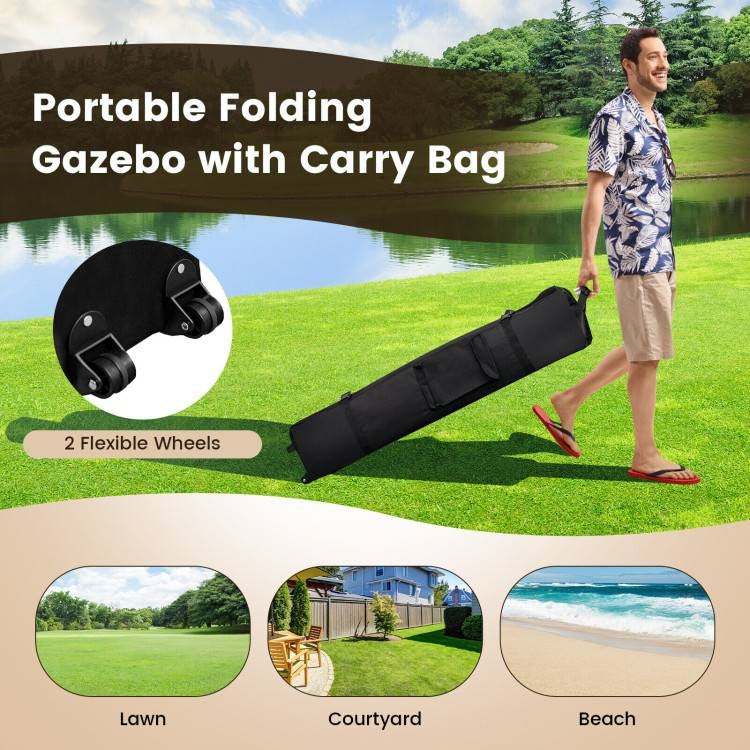 Man carrying portable folding gazebo with carry bag, featuring 2 flexible wheels, ideal for lawn, courtyard, or beach use.