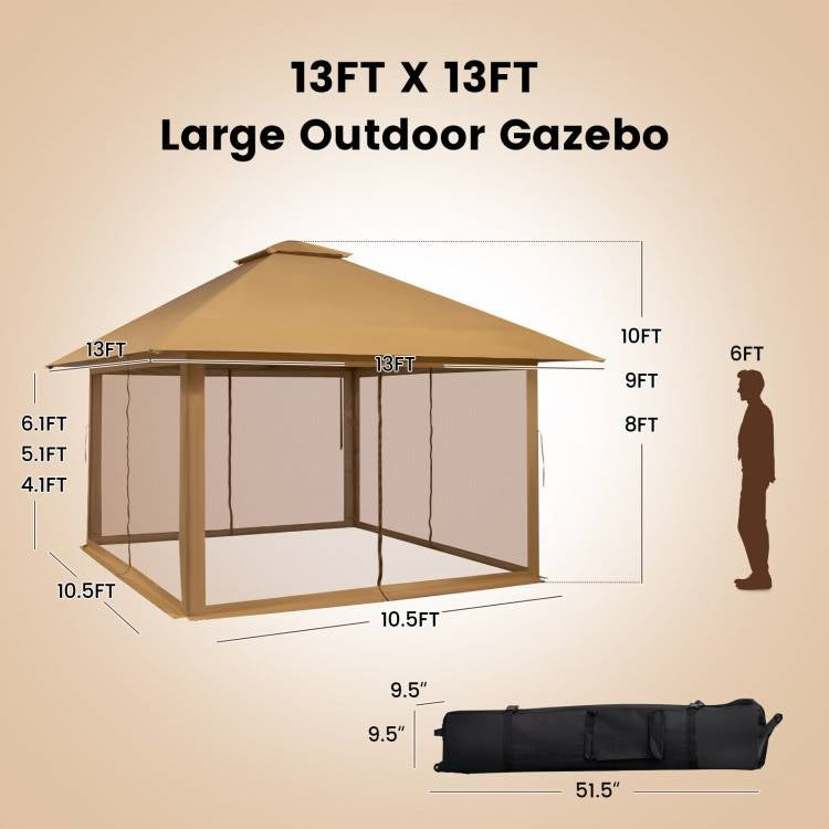 Dimensions of Brown 13 x 13 Ft Pop-Up Gazebo Outdoor Canopy w/ Mesh Mosquito Netting Sidewalls with carrying bag