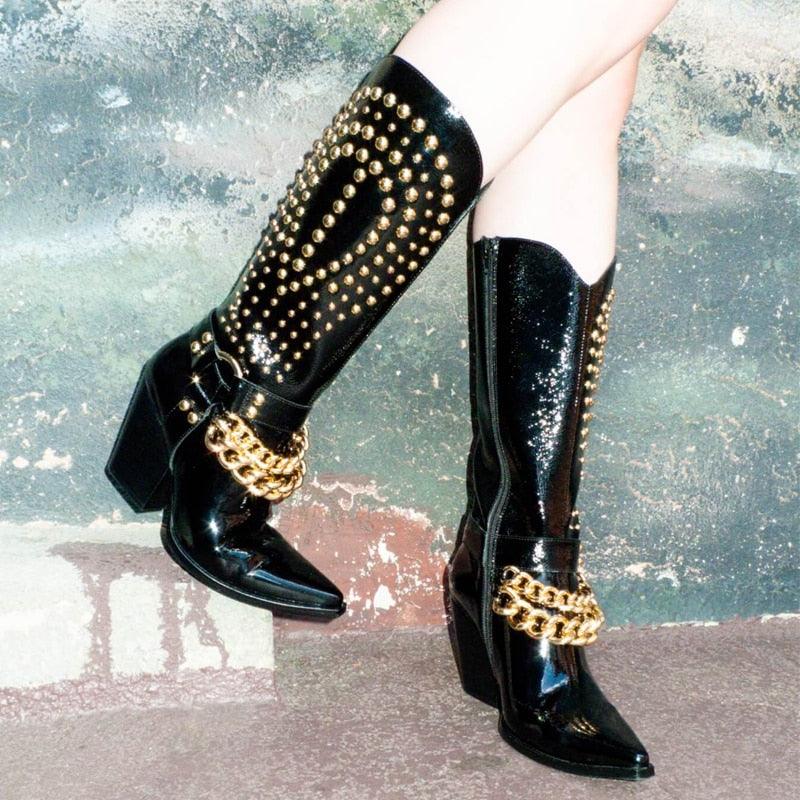 Knight Studded Cowboy Boots | Punk Rock Style with Rivets & Chains, high heel and gold chain detail