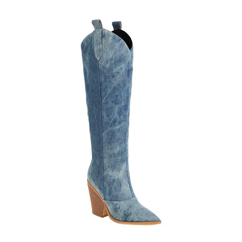 Tie Dye Denim Knee-High Cowgirl Boots with 14" shaft and 3.75" heel