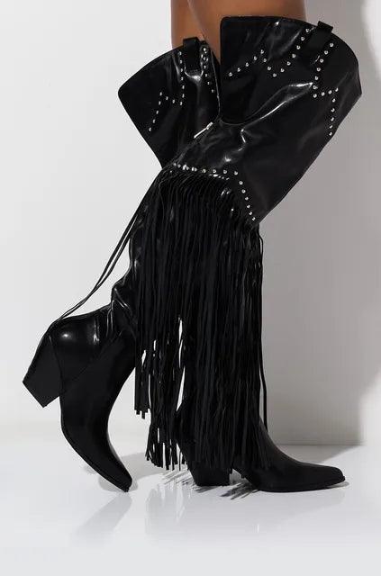 Vintage Fringe Over-the-Knee Boots with chunky heel and fringe detailing in black for a bold, stylish look.