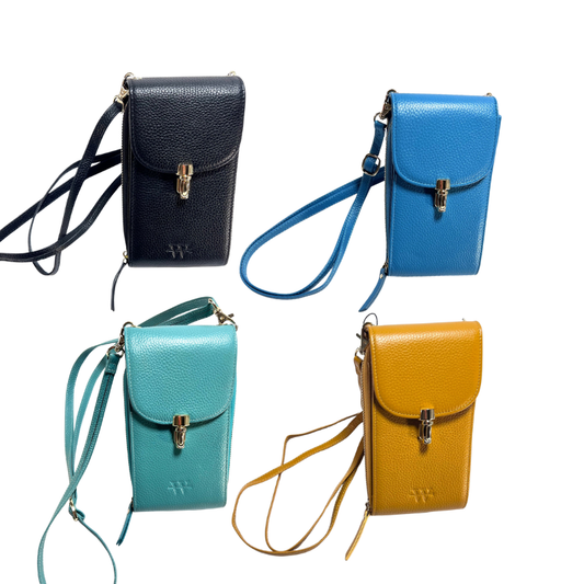 Colorful assortment of Country Club Clutches made from textured leather, featuring adjustable straps and snap closure for elegant utility.