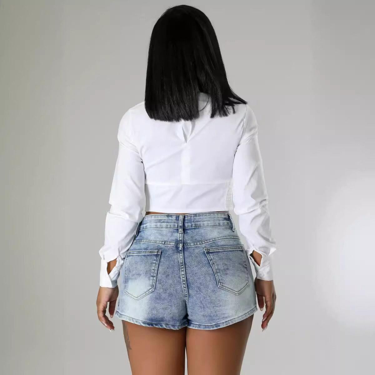Back view of Denim Half Skirt Button-Up Shorts for Country Girls and Bartenders with high waist design.