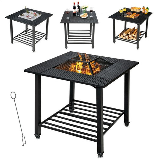 4 in 1 Square Fire Pit, Grill Cooking BBQ Grate, Ice Bucket, Dining Table with fire, grill, and ice bucket functions shown.