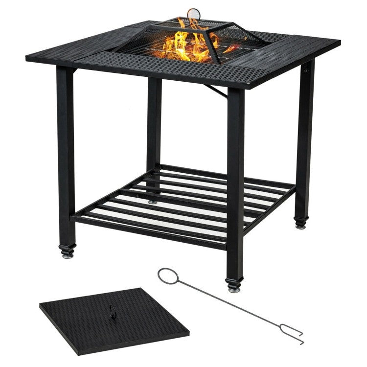 4 in 1 Square Fire Pit, Grill Cooking BBQ Grate, Ice Bucket, Dining Table with spark screen and poker