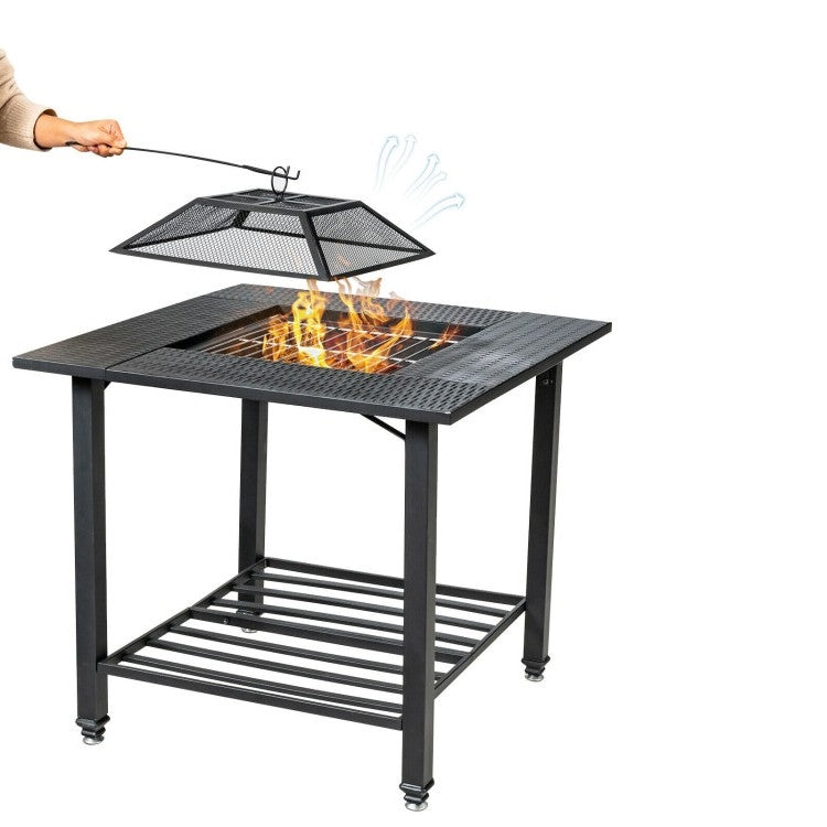 4 in 1 Square Fire Pit, Grill Cooking BBQ Grate, Ice Bucket, Dining Table with spark screen and flames.