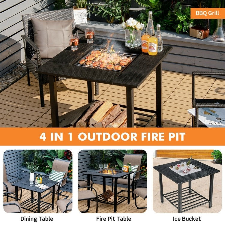 4 in 1 Square Fire Pit, Grill Cooking BBQ Grate, Ice Bucket, Dining Table setup with fire pit feature on patio.
