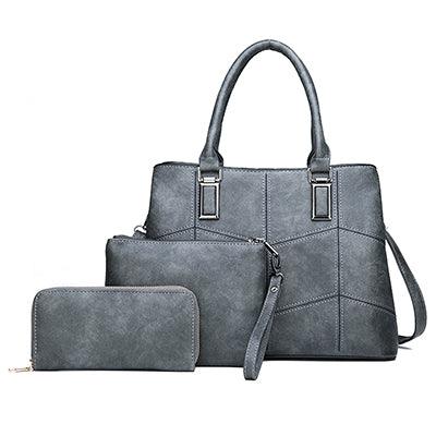 Luxury 3 Piece Leather Tote Set | Genuine Leather Cowgirl Shoulder Bag & Clutch displayed in a stylish gray color.