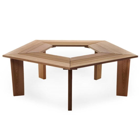 Solid Cedar Wood Outdoor 5 Sided Pentagon Tree Wrap Garden Bench, traditional cedar finish, ideal for garden seating