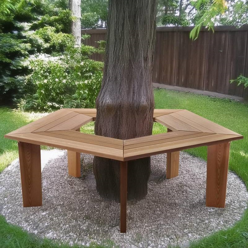 Solid Cedar Wood Outdoor 5 Sided Pentagon Tree Wrap Garden Bench around tree in garden setting.