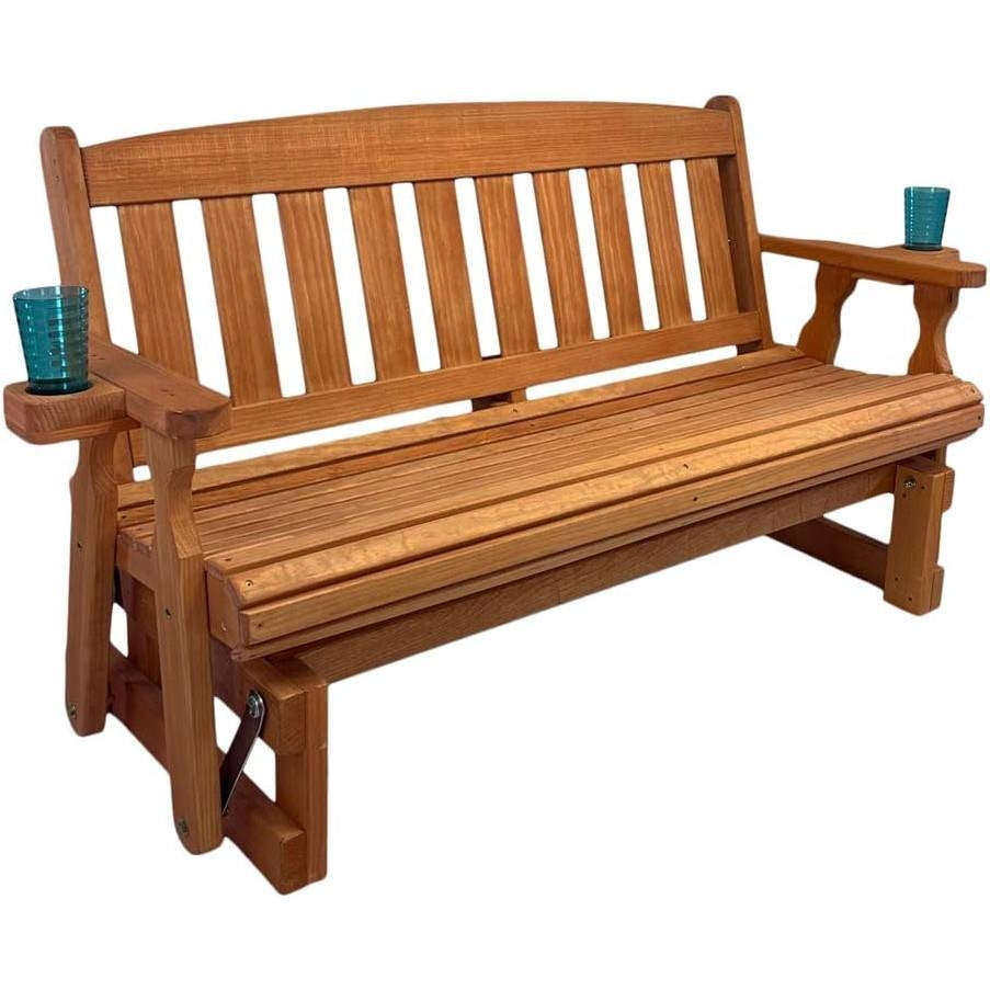 4ft Heavy Duty Porch Glider Bench with Cupholders in Cedar Finish - Made in USA, handcrafted from kiln dried pine, mission backrest style