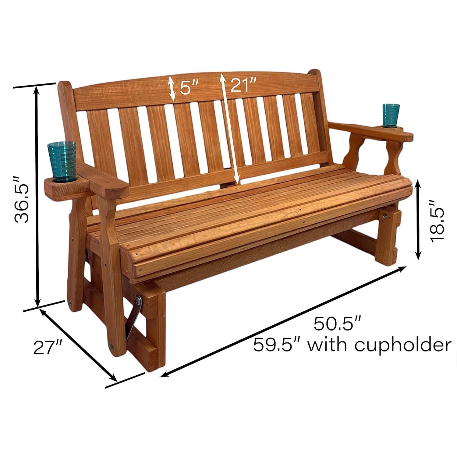 4ft Heavy Duty Porch Glider Bench with Cupholders in Cedar Finish - Made in USA, featuring dimensions and handcrafted details.