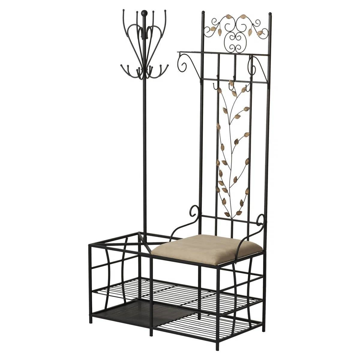 Entryway Hall Tree Coat Rack Storage Bench with Scrolling Leaves Scrollwork featuring metal scrollwork and open shelving.