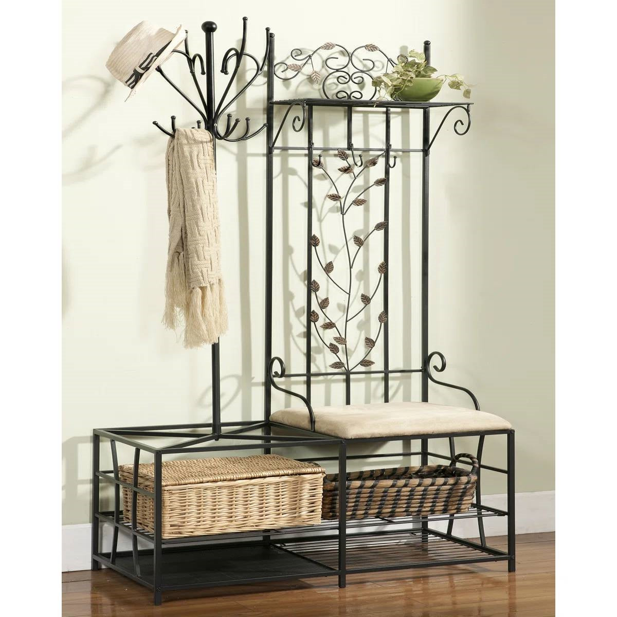 Entryway Hall Tree Coat Rack Storage Bench with Scrolling Leaves Scrollwork featuring metal scrollwork design and open shelving.