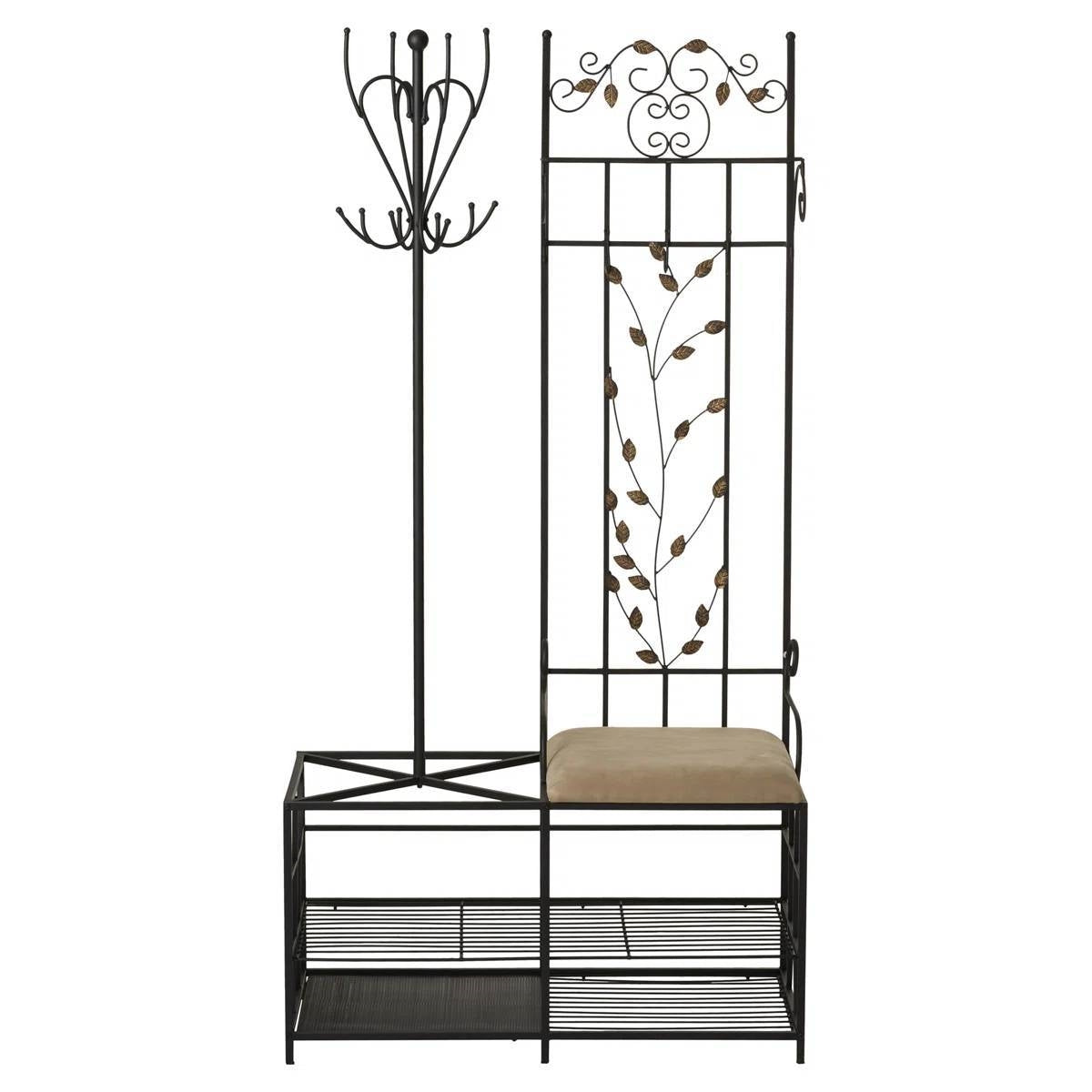 Entryway Hall Tree Coat Rack Storage Bench with Scrolling Leaves Scrollwork featuring metal design and shelving