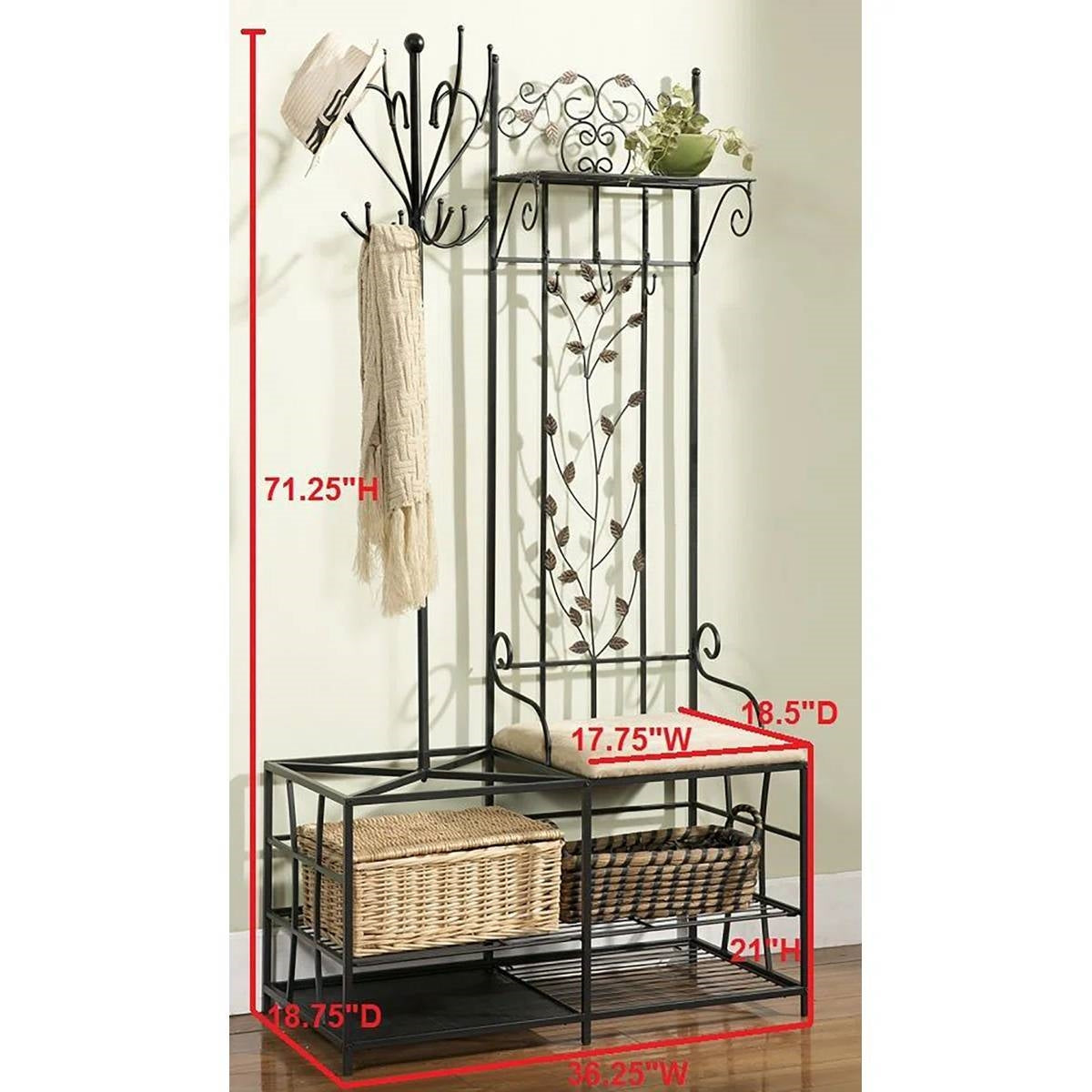 Entryway Hall Tree Coat Rack Storage Bench with Scrolling Leaves Scrollwork featuring metal scrollwork design and open shelving.