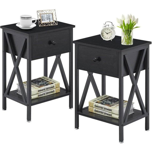 Set of 2 - Rustic 1 Drawer Black Nightstand with X-Shaped Sides featuring a drawer and open shelf with books and decor items.