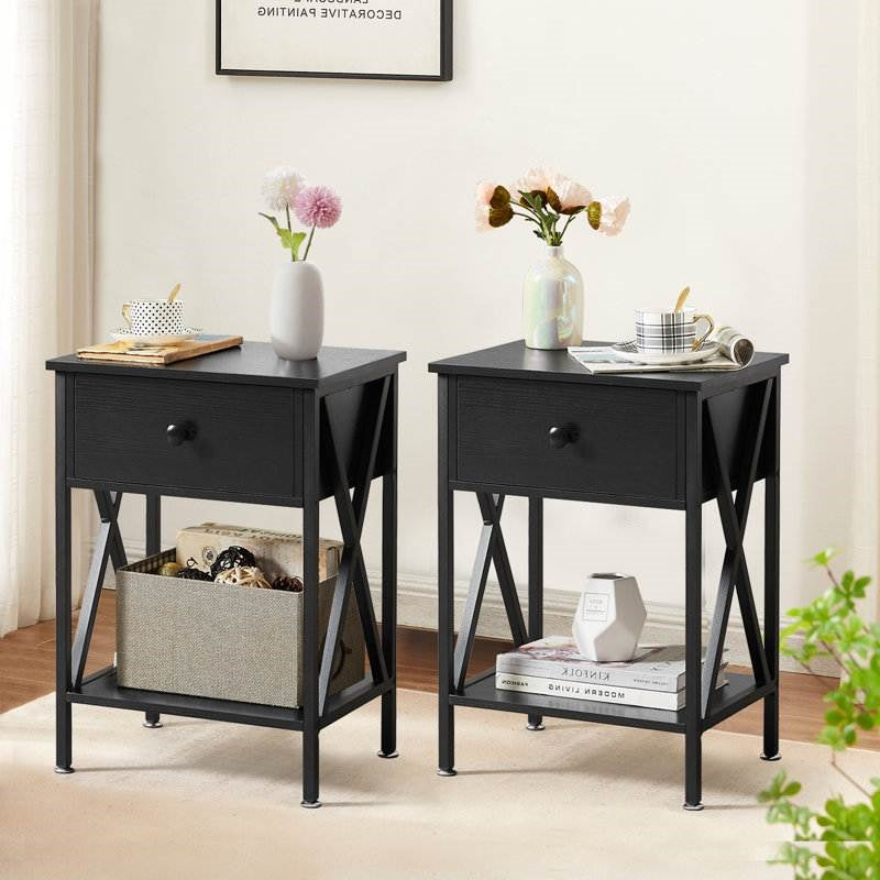 Set of 2 - Rustic 1 Drawer Black Nightstand with X-Shaped Sides in modern bedroom setting
