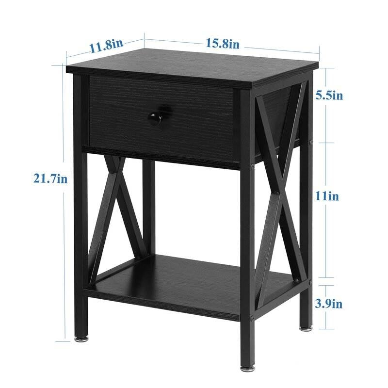 Set of 2 - Rustic 1 Drawer Black Nightstand with X-Shaped Sides, featuring steel and engineered wood structure, perfect for bedroom decor.