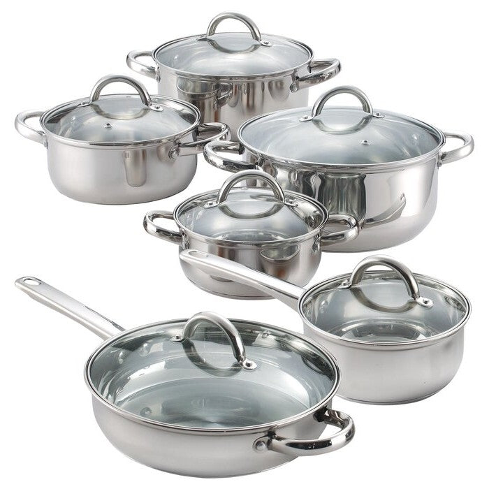 12 Piece Cool Touch Stainless Steel Cookware Set with tempered glass lids and even heat distribution.