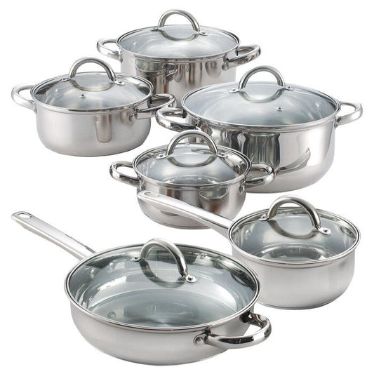12 Piece Cool Touch Stainless Steel Cookware Set with tempered glass lids and even heat distribution.