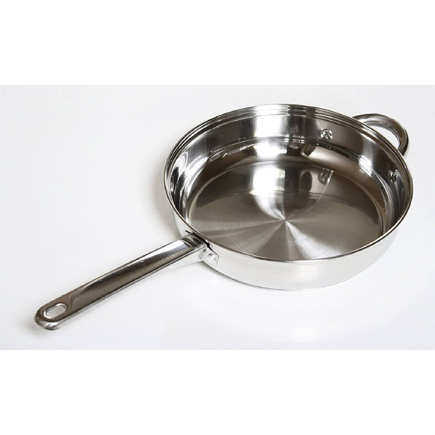Stainless steel pan from the 12 Piece Cool Touch Stainless Steel Cookware Set with cool touch handle and even heat distribution.