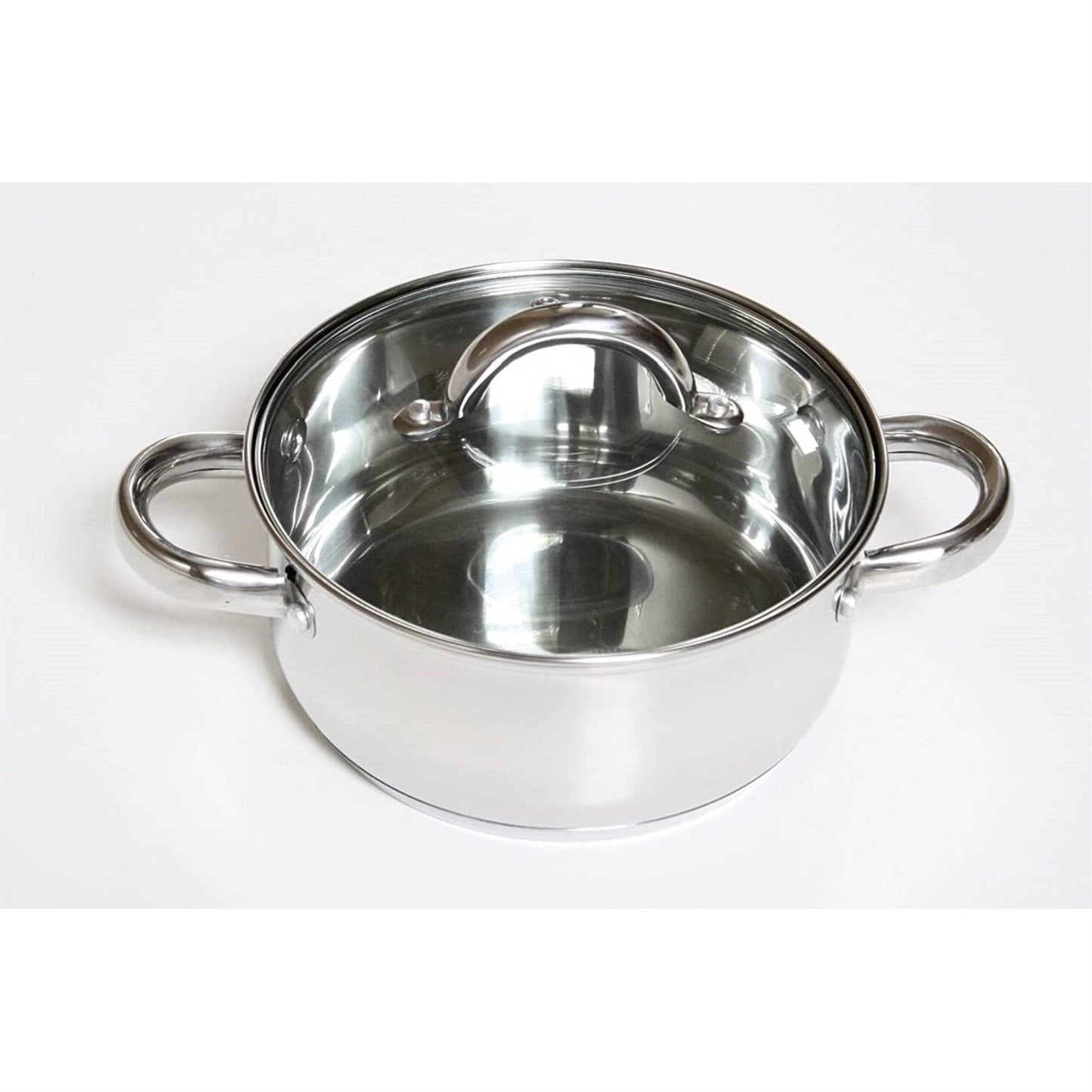 Stainless steel pot from 12 Piece Cool Touch Stainless Steel Cookware Set with tempered glass lid and handles.