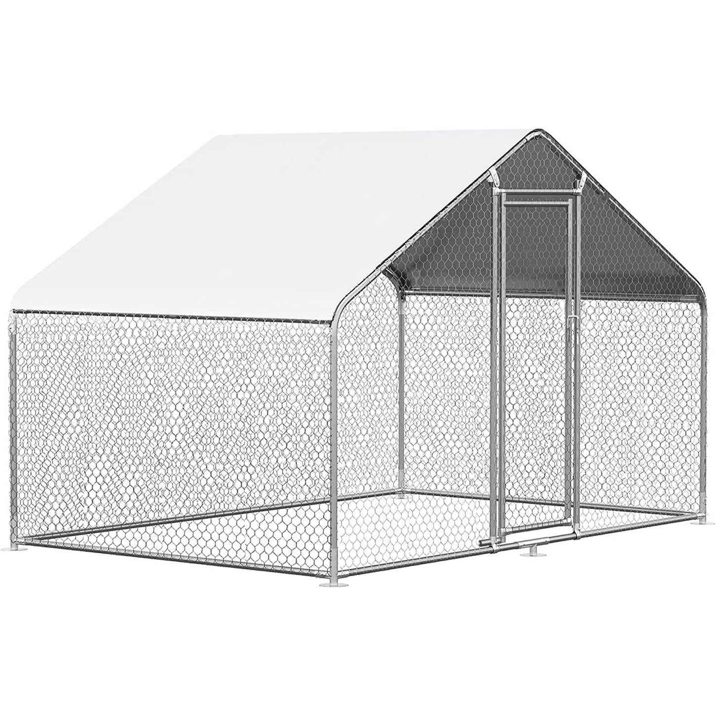 9.8 Ft x 6.5 Ft. Large Metal Outdoor Walk-in Chicken Coop with Waterproof Cover showing steel frame and wire mesh.