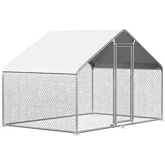 9.8 Ft x 6.5 Ft. Large Metal Outdoor Walk-in Chicken Coop with Waterproof Cover showing steel frame and wire mesh.
