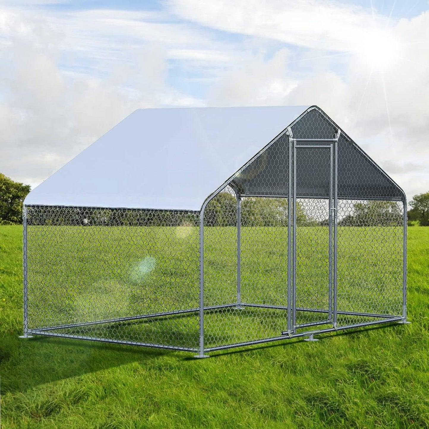 9.8 Ft x 6.5 Ft. Large Metal Outdoor Walk-in Chicken Coop with Waterproof Cover in a grassy field