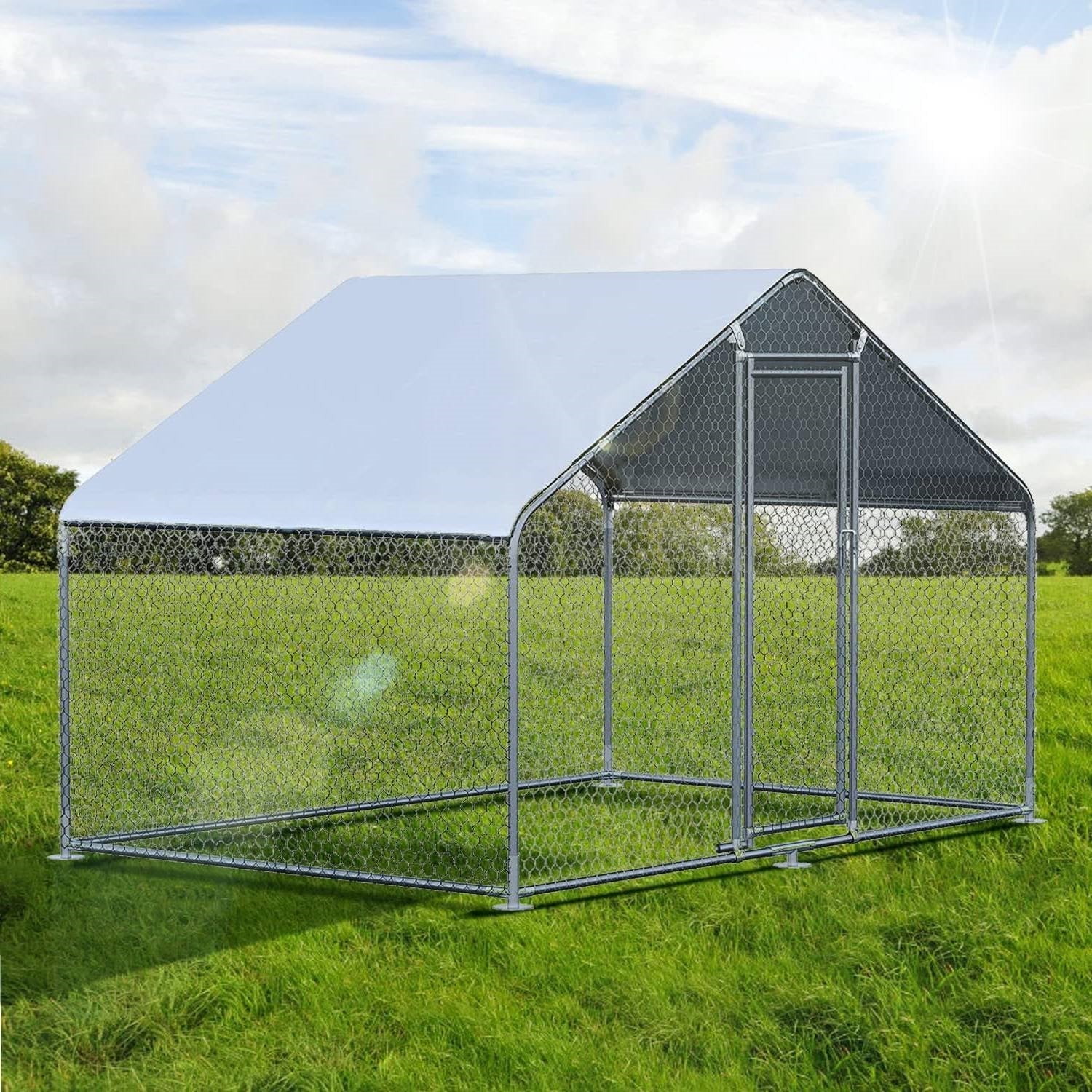 9.8 Ft x 6.5 Ft. Large Metal Outdoor Walk-in Chicken Coop with Waterproof Cover in a grassy field