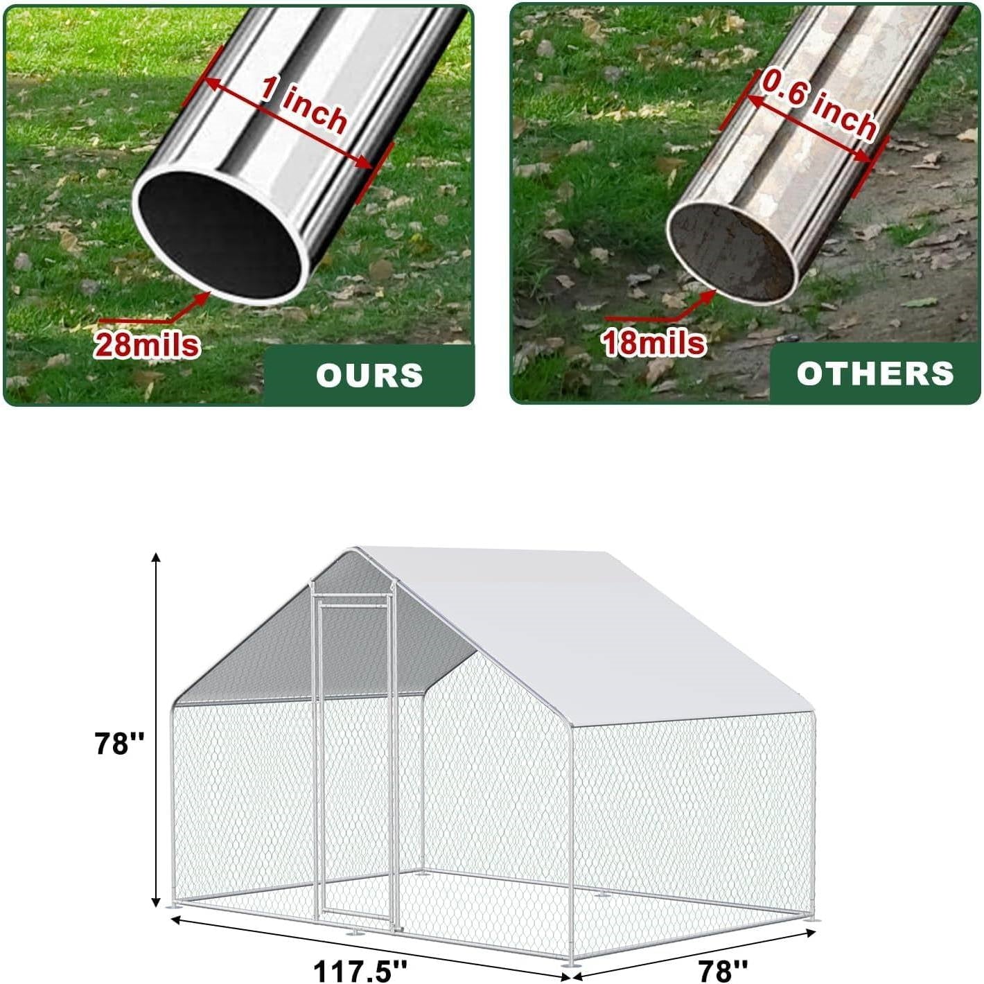 Diagram of 9.8 Ft x 6.5 Ft. Large Metal Outdoor Walk-in Chicken Coop with Waterproof Cover, featuring steel frame and PVC wire mesh.