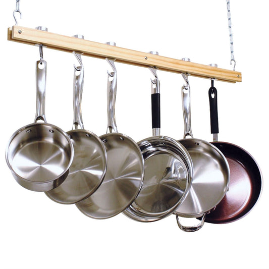 Ceiling Mount Single Bar Wooden Pot Rack with 4 Pan Hooks displaying stainless steel pans.