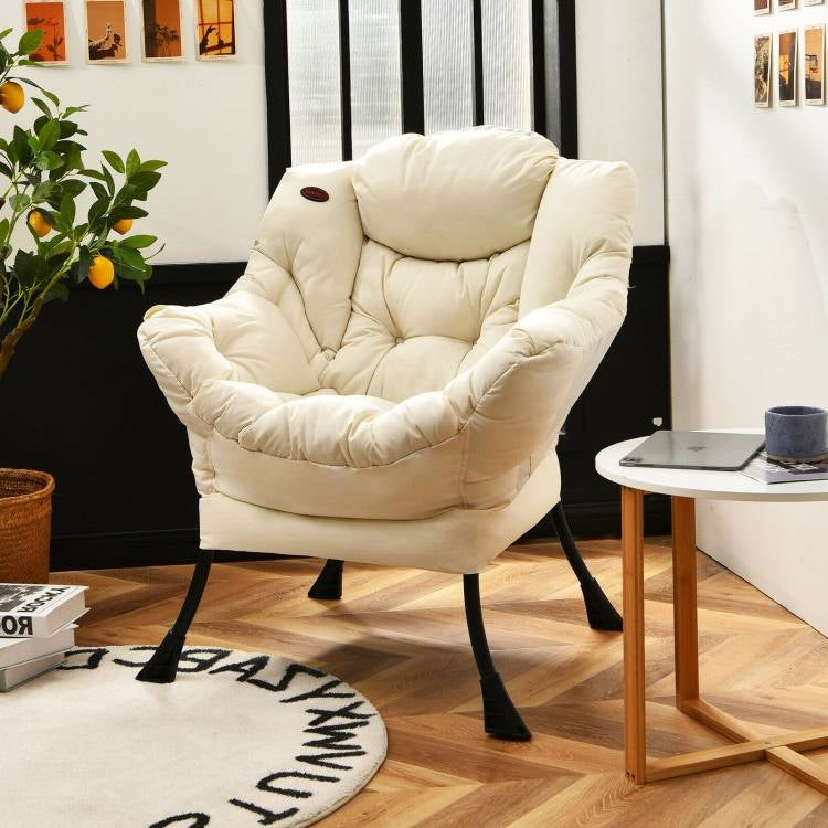 Upholstered Contemporary Cushioned Accent Chair with Side Pocket in Beige in a stylish room setting