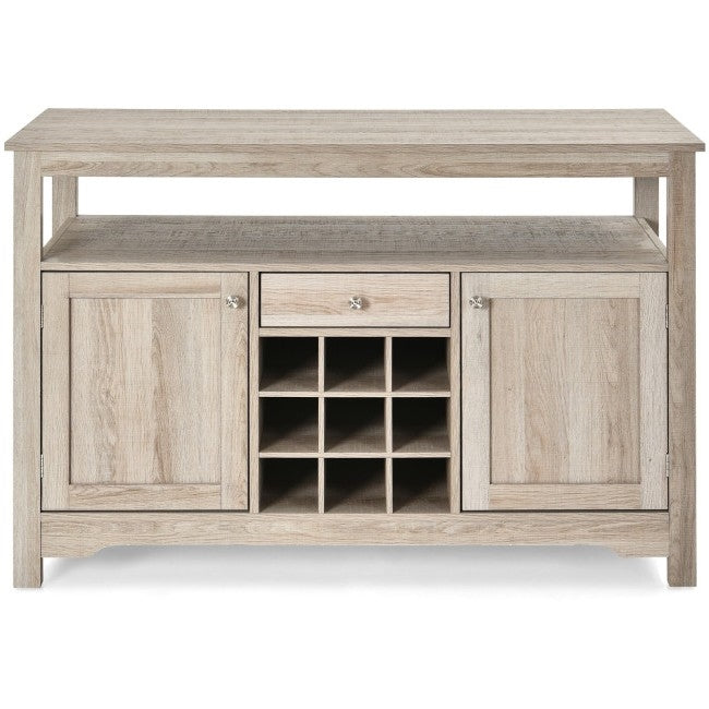 Gray Oak Buffet Server 9 Bottle Wine Cabinet Console with open shelving and ample storage space.