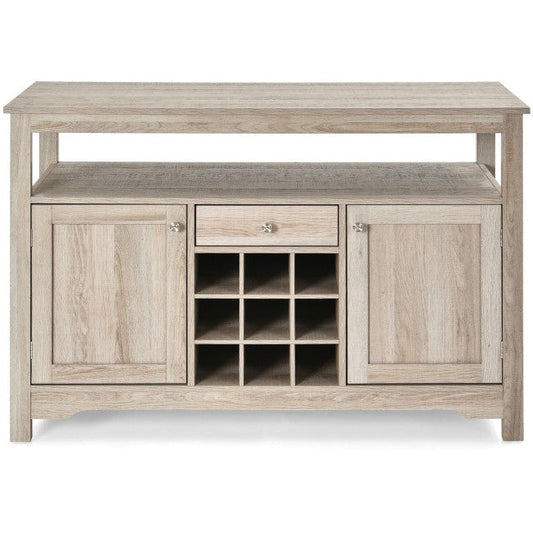 Gray Oak Buffet Server 9 Bottle Wine Cabinet Console with open shelving and ample storage space.