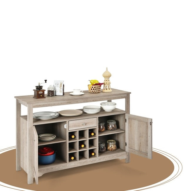 Gray Oak Buffet Server 9 Bottle Wine Cabinet Console with open storage, plates, and decor displayed on cabinet and shelf.
