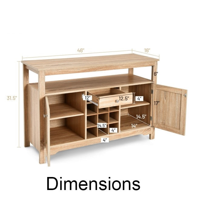 Dimensions of Gray Oak Buffet Server 9 Bottle Wine Cabinet Console with adjustable shelves and drawer.