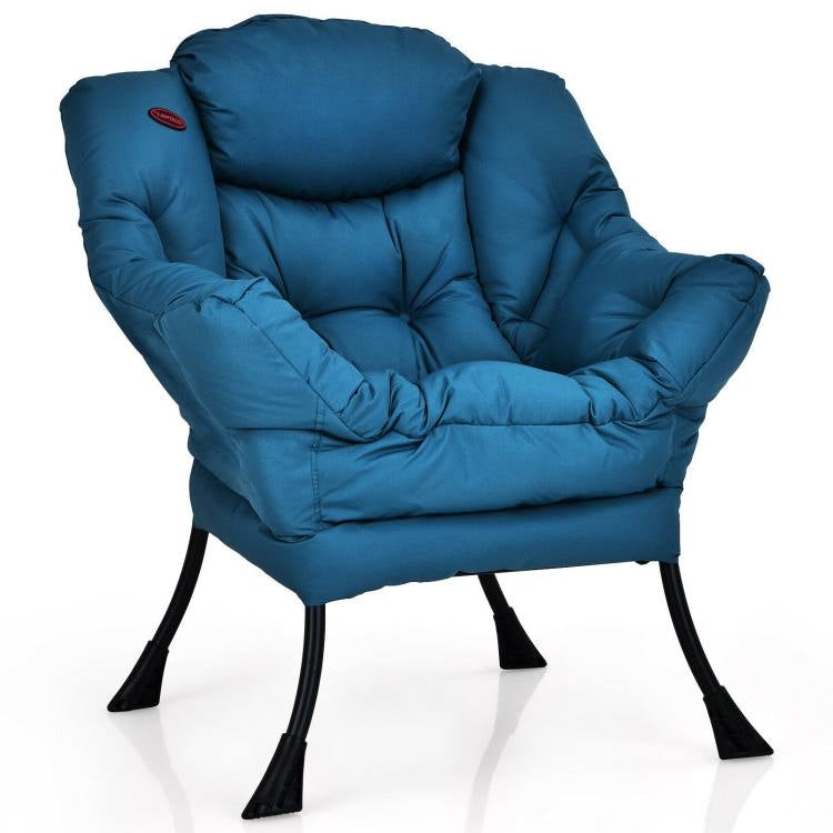 Modern Cushioned Accent Chair with Side Pocket in Navy Blue Upholstered Fabric, perfect for dorm rooms and relaxation.