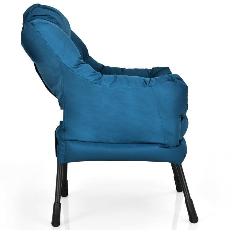 Modern Cushioned Accent Chair with Side Pocket in Navy Blue Upholstered Fabric, college dorm ready, side view