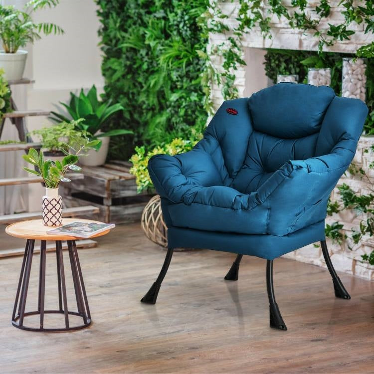 Modern Cushioned Accent Chair with Side Pocket in Navy Blue Upholstered Fabric in a stylish room setting.