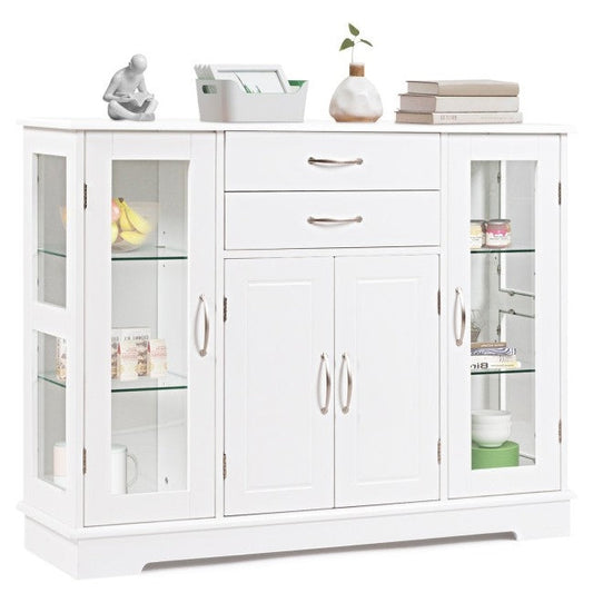 White Wood Buffet Sideboard Cabinet with Glass Display Doors featuring adjustable shelves and drawers for storage.