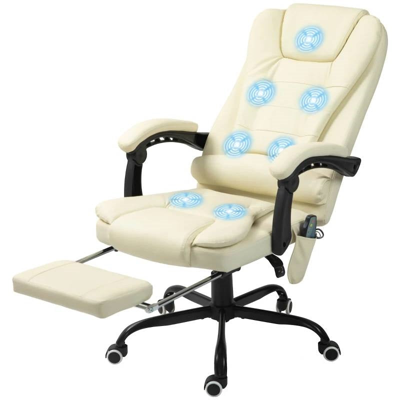Cream 7 Mode Vibrating High Back Executive Massage Adjustable Office Chair with footrest and vibrating nodes.