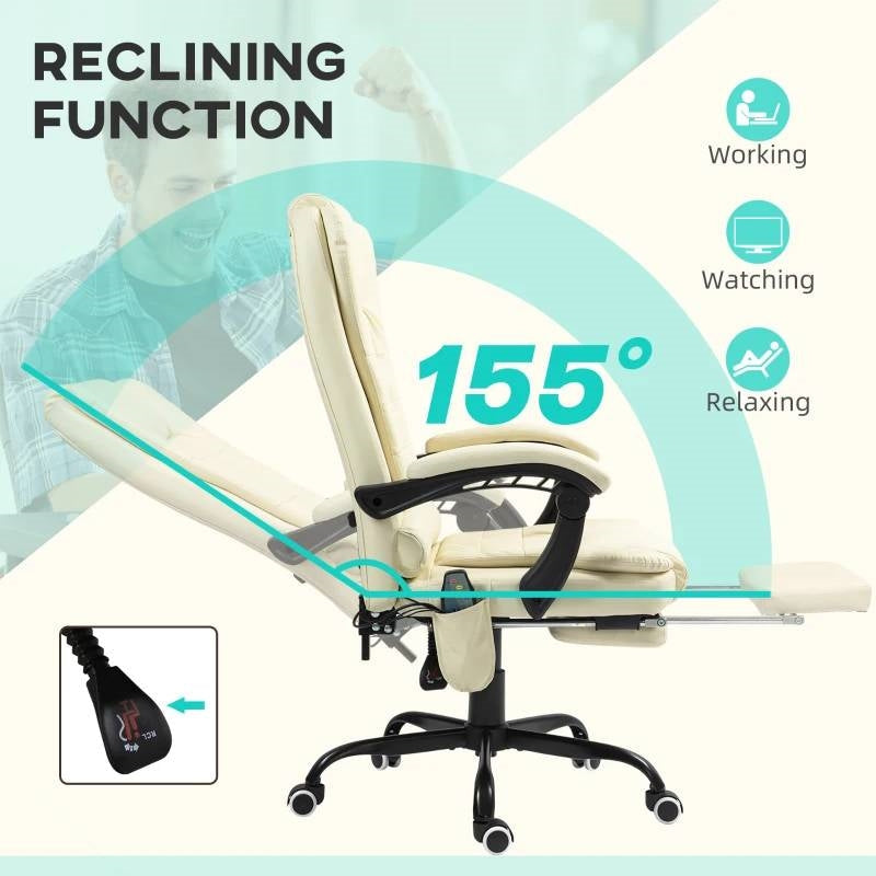 Cream 7 Mode Vibrating High Back Executive Massage Adjustable Office Chair with reclining function and 155° tilt angle