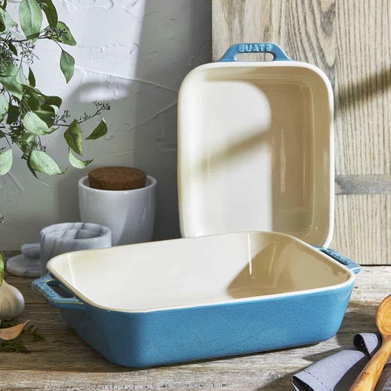 Set of 2 - Ceramic Stoneware Baking Dish Set in Blue Green Turquoise Ivory on a kitchen countertop