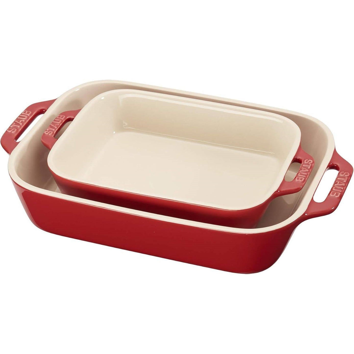 2 Piece Ceramic Stoneware Baking Dish Set in Cherry Red / Ivory, non-stick, oven, microwave, freezer safe rectangular dishes