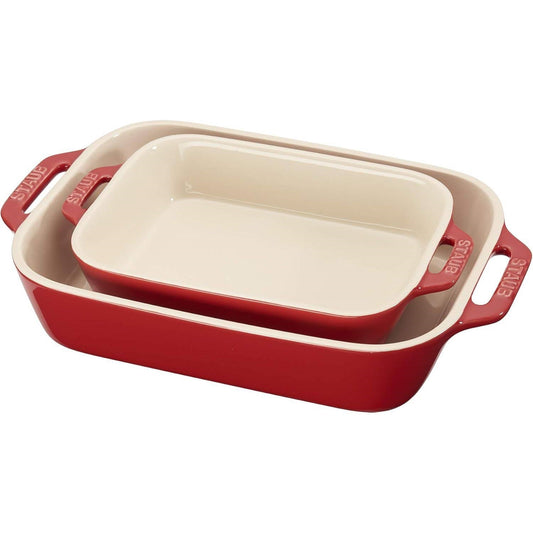 2 Piece Ceramic Stoneware Baking Dish Set in Cherry Red / Ivory, non-stick, oven, microwave, freezer safe rectangular dishes