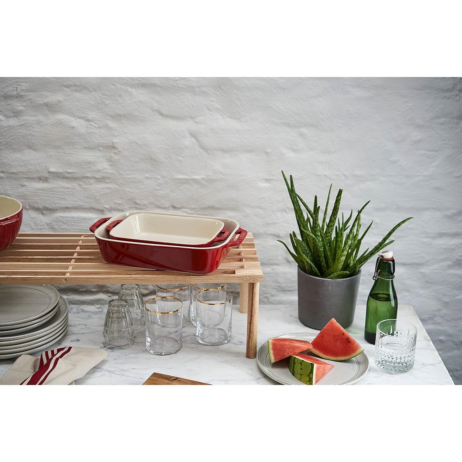 2 Piece Ceramic Stoneware Baking Dish Set in Cherry Red / Ivory on kitchen rack