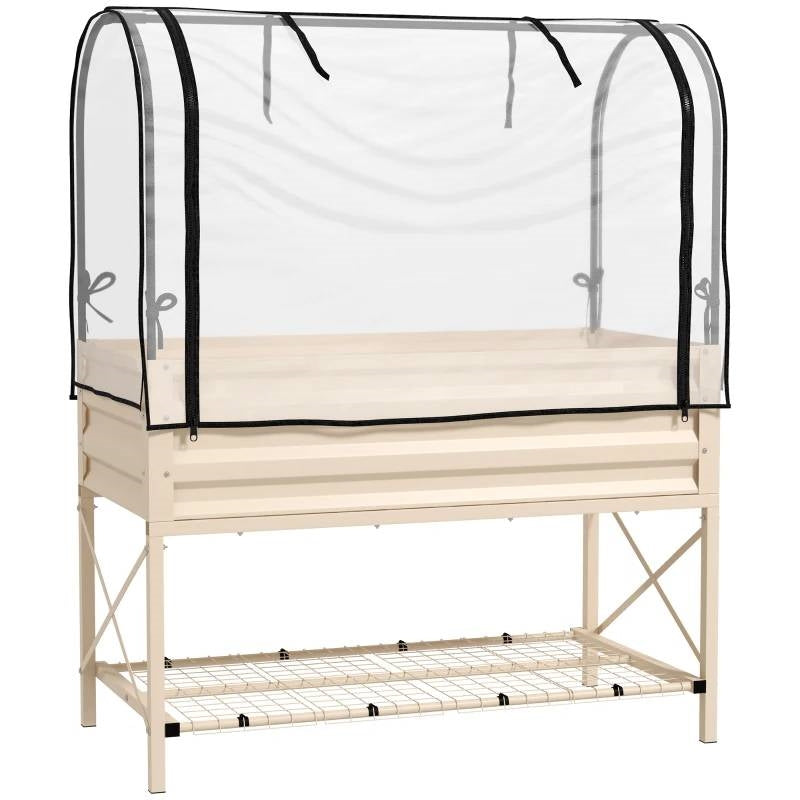 Cream Elevated Metal Raised Garden Bed w/ Greenhouse Cover, ideal for growing plants with UV protection and high humidity environment.